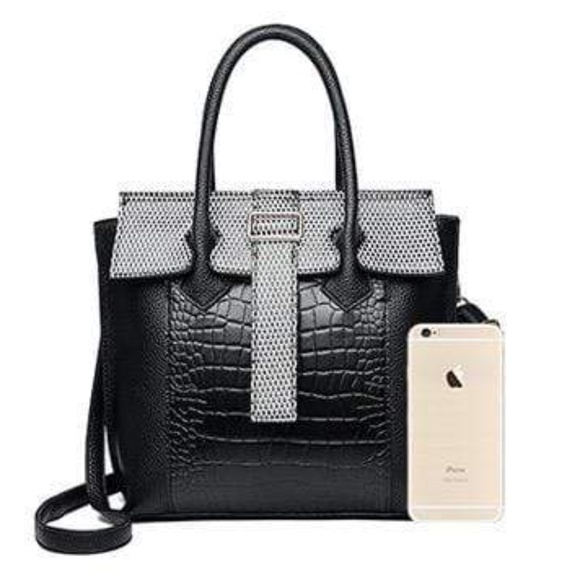 Womens Vegan Black Leather Textured Print Handbag with Added Strap - Picture 6 of 10